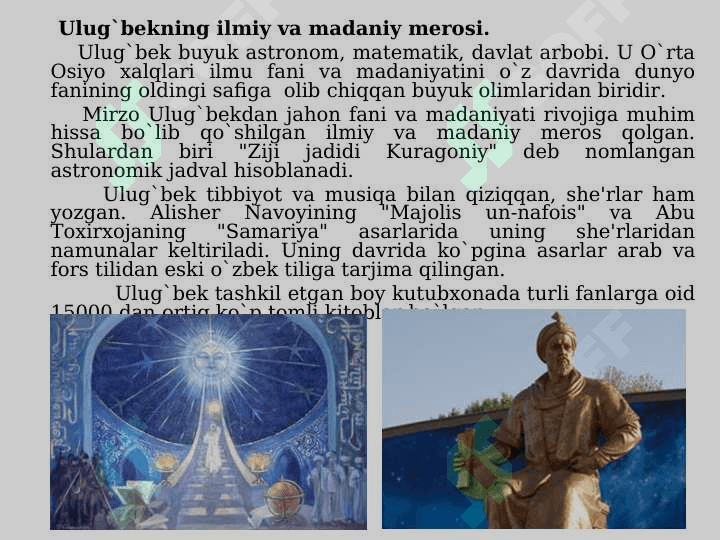 MIRZO ULUG’BEK VA ABDURAUF FITRAT TARIXIY ASARI BO’YICHA MA’NAVIY MA’RIFIY QARASHLAR. 4