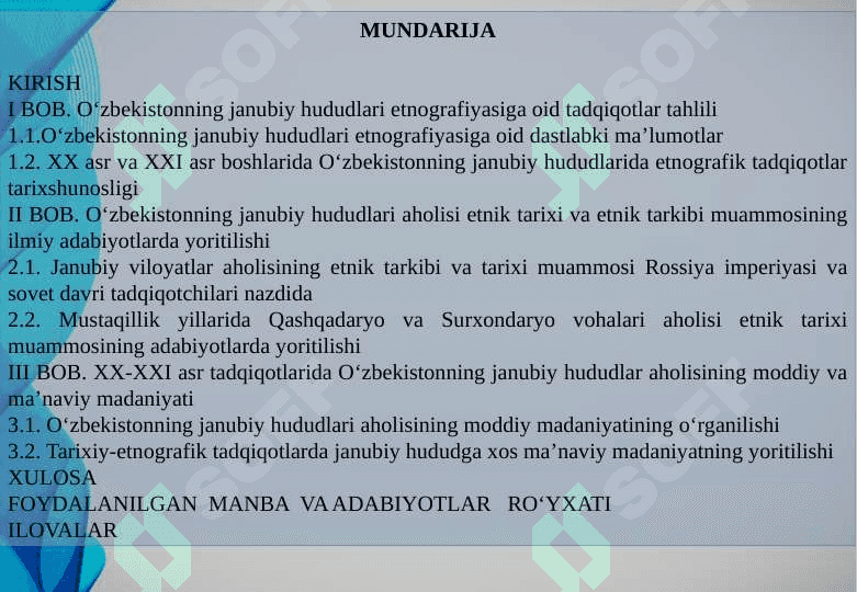 XX ASR – XXI ASR BOSHLARI TADQIQOTLARIDA O‘ZBEKISTONNING JANUBIY HUDUDLARI ETNOGRAFIYASI MASALALARI (Qashqadaryo va Surxondaryo vohalari misolida) 3