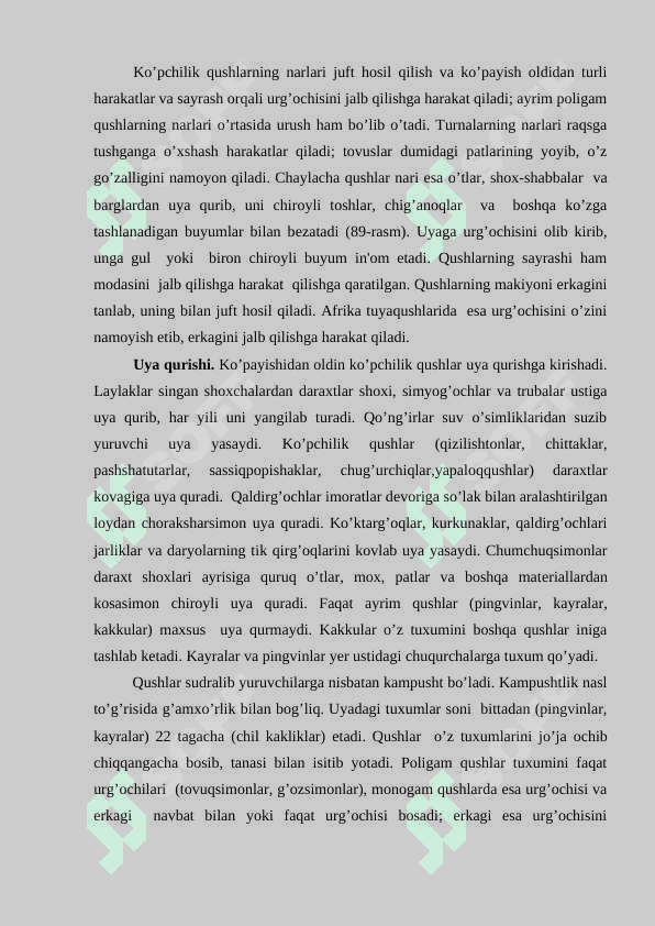 Qush tuzxumining tuzilishi.Tuxumlarning xilma xilligi,qushlarning rivojlanishi  jo`ja ochadigan va jish bola ochadigan qushlar. Ayrim qushlar turlarini aniqlagichlar asosida o'rganish 3