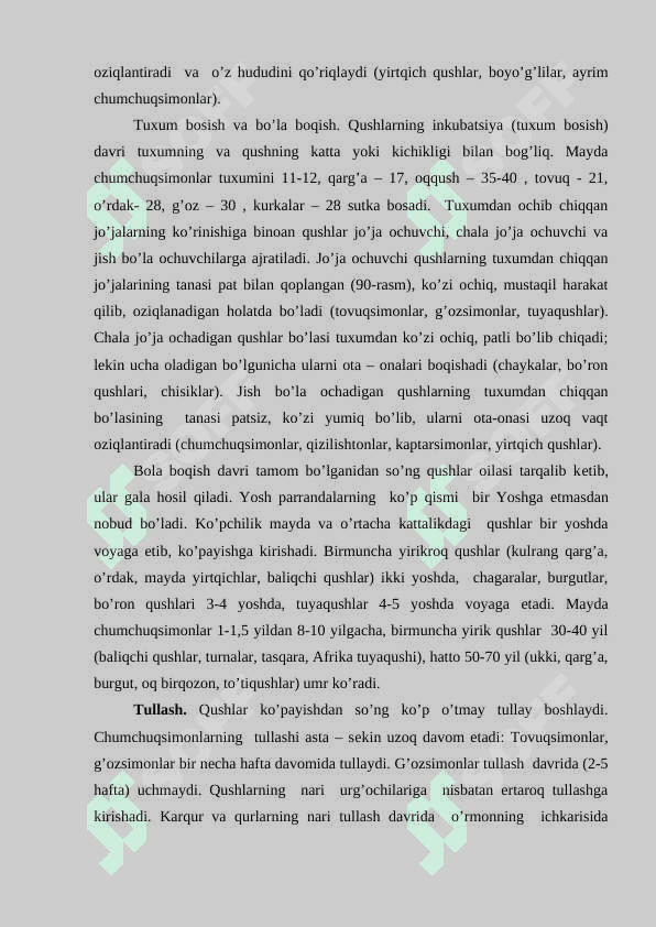 Qush tuzxumining tuzilishi.Tuxumlarning xilma xilligi,qushlarning rivojlanishi  jo`ja ochadigan va jish bola ochadigan qushlar. Ayrim qushlar turlarini aniqlagichlar asosida o'rganish 4