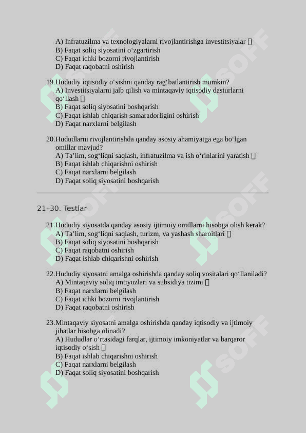 Mavzu: Davlatning mintaqaviy siyosati va hududlar rivojlanishi darajalaridagi farqlarni kamaytirish yo‘llari bo‘yicha 30 ta test variantlari va javoblari: 4