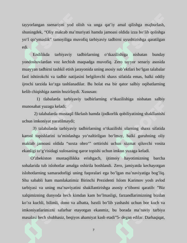 TARBIYAVIY TADBIRLARNI REJALASHTIRISH TASHKIL ETISH VA O’ZLASHTIRISH METODIKASI 7