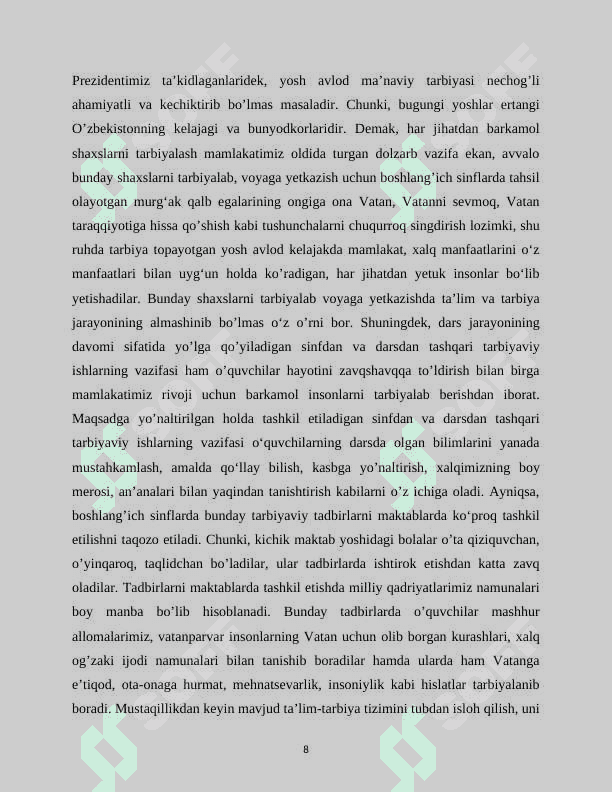 TARBIYAVIY TADBIRLARNI REJALASHTIRISH TASHKIL ETISH VA O’ZLASHTIRISH METODIKASI 8