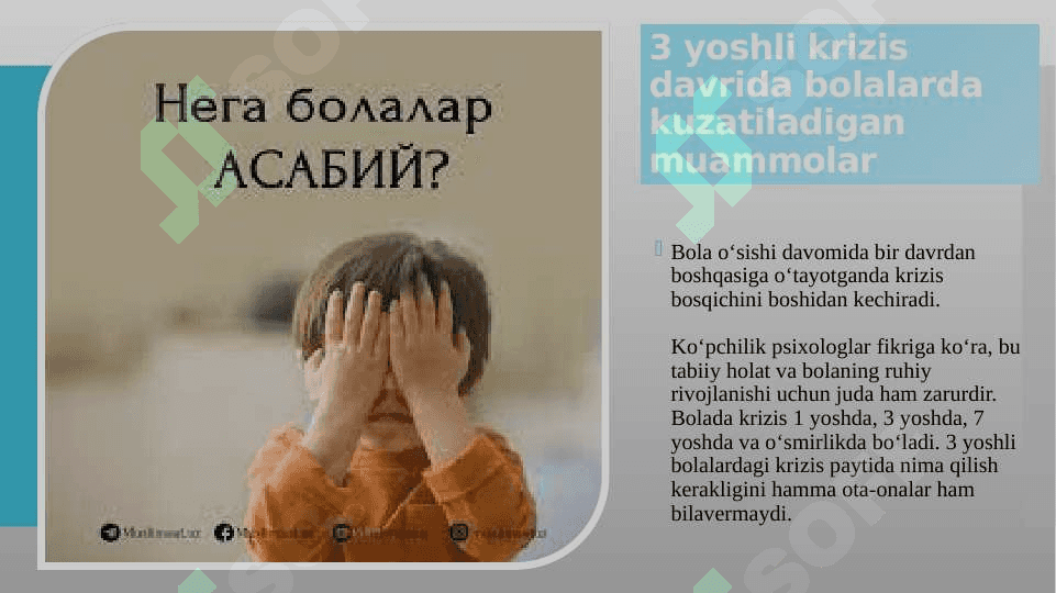 3 yoshli krizis davrida bolalarda kuzatiladigan muammolar va ularga toʻgʻri munosabatda boʻlish yoʻllari. 2