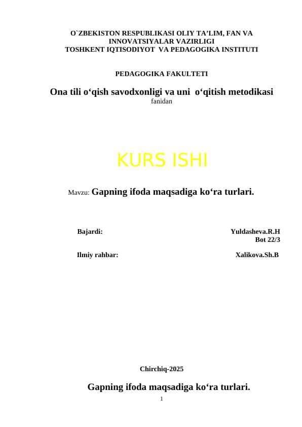 Gapning ifoda maqsadiga ko'ra turlari. mavzusida kurs ishi
