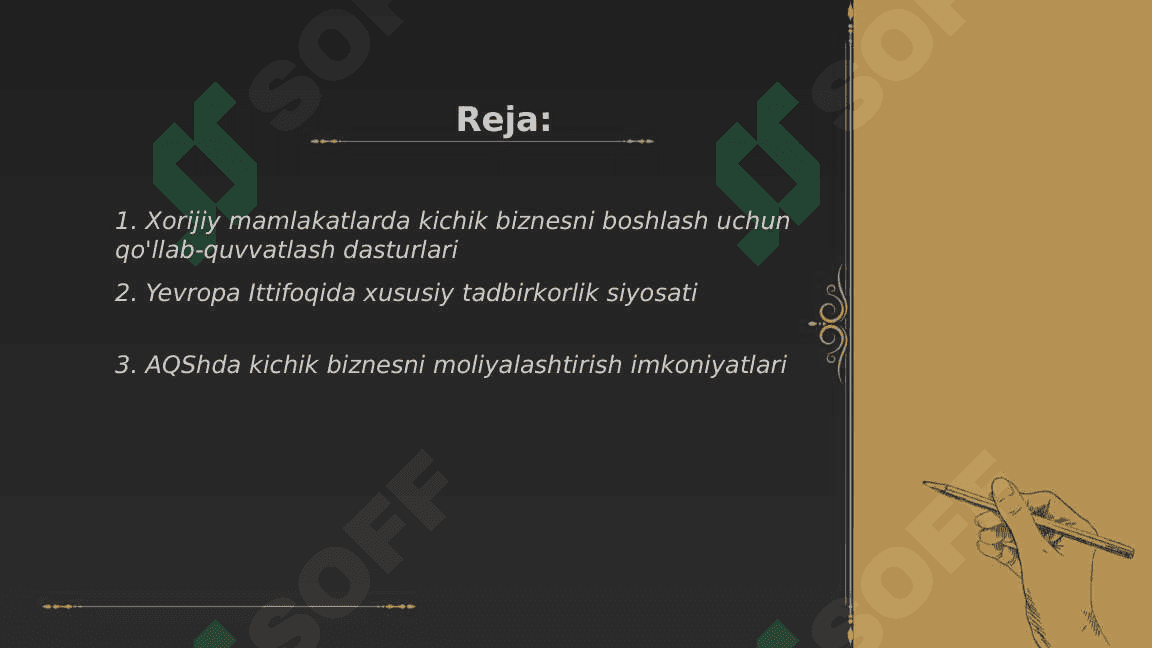 Xorijiy mamlakatlarda kichik biznes va tadbirkorlikni rivojlanishi ppt 2