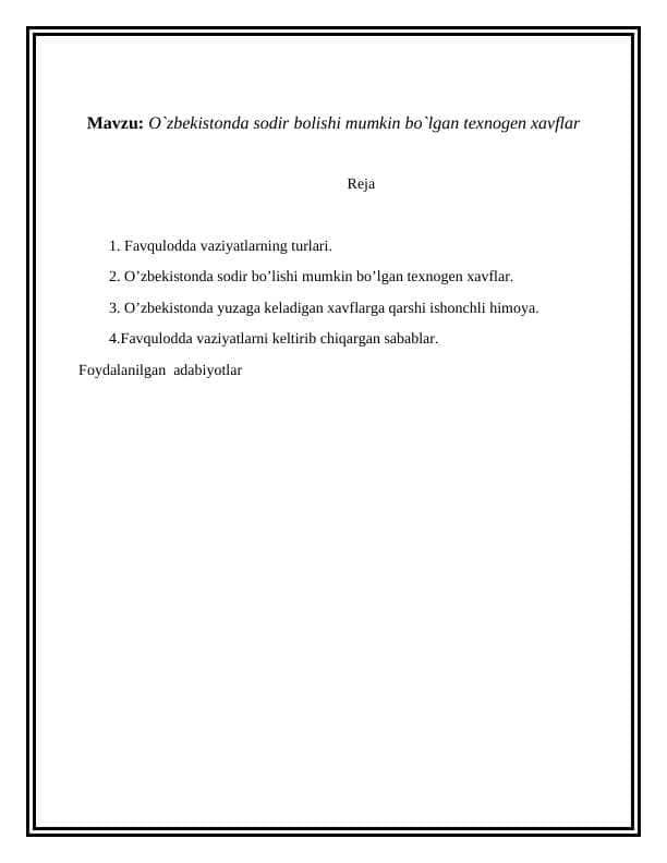 O`zbekistonda sodir bolishi mumkin bo`lgan texnogen xavflar
