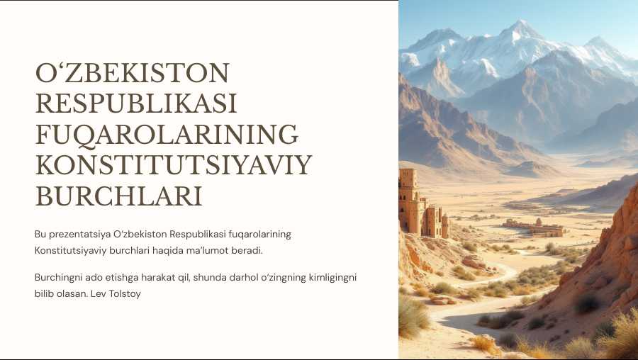 O‘ZBEKISTON RESPUBLIKASI FUQAROLARINING KONSTITUTSIYAVIY BURCHLARI mavzusi bo'yicha slayd va krossword (9-sinf huquq)