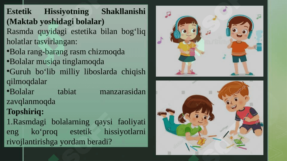Turli xil yosh guruhlarida bolalardagi temperament xususiyatini tashqi belgilari. Maktab yoshidagi bolaning psixik rivojlanishida mehnatga bo'lgan extiyojining psixologik xususiyatlari. Maktab yoshidagi bolada estetik hissiyotning shakllanishi. 4