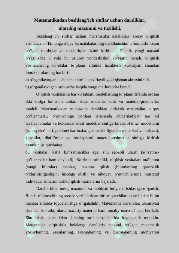 Boshlang’ich sinfda matematika darslarida qo’llaniladigan o’quv vositalari va ularning vazifalari 2