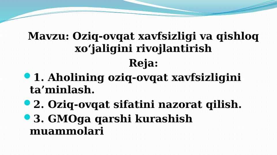 Oziq-ovqat xavfsizligi va qishloq xo‘jaligini rivojlantirish