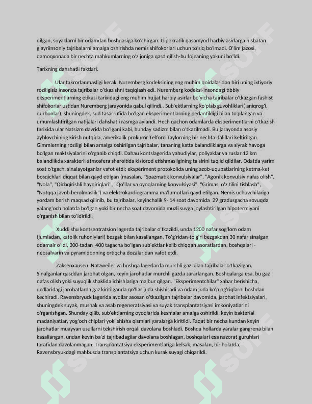 Biotibbiy tekshiruvlar o'tkazilishining etik va huquqiy jihatlari. "Nyurnberg kodeksi" odamlarda tekshiruvlar o'tkazishning shartlari haqida. Jahon tibbiy assosiasiyasining Xelsinki deklarasiyasi. G.Bicherning "Etika va klinik tadqiqotlar" maqolasining mazmun-mohiyati. 2