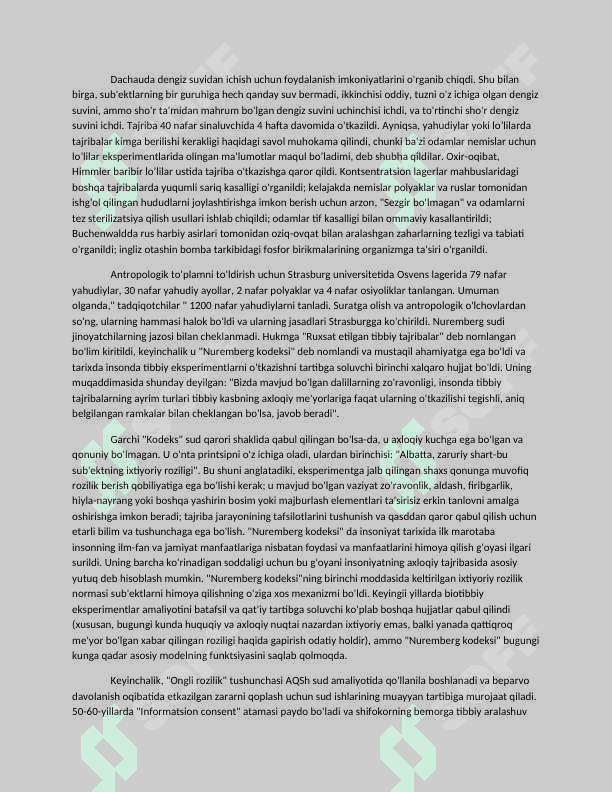 Biotibbiy tekshiruvlar o'tkazilishining etik va huquqiy jihatlari. "Nyurnberg kodeksi" odamlarda tekshiruvlar o'tkazishning shartlari haqida. Jahon tibbiy assosiasiyasining Xelsinki deklarasiyasi. G.Bicherning "Etika va klinik tadqiqotlar" maqolasining mazmun-mohiyati. 3