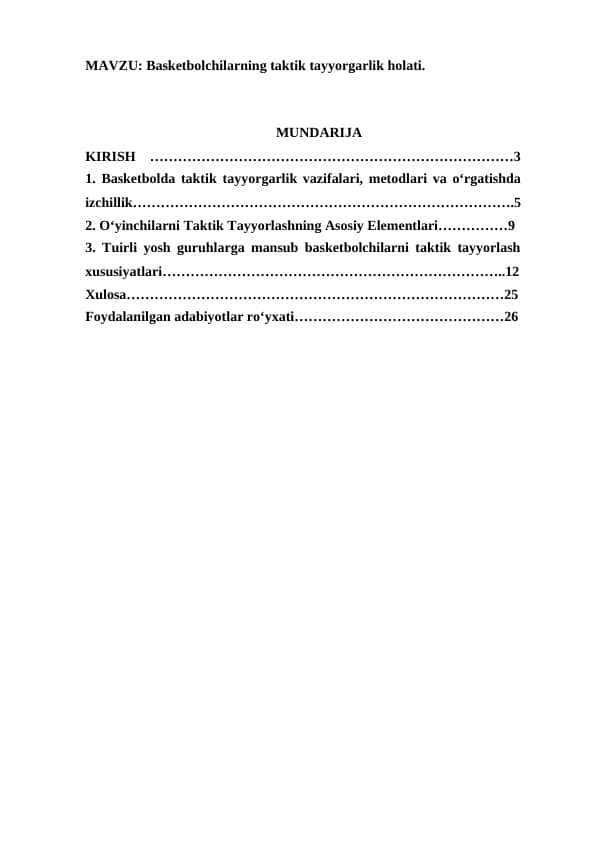 Basketbolchilarning taktik tayyorgarlik holati