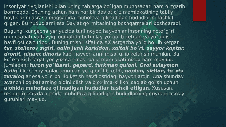 O‘zbekiston respublikasining alohida muhofaza etiladigan tabiiy hududlari  va ularning tabiatni muhofaza qilishdagi ahamiyati 3