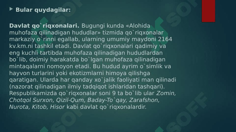 O‘zbekiston respublikasining alohida muhofaza etiladigan tabiiy hududlari  va ularning tabiatni muhofaza qilishdagi ahamiyati 4
