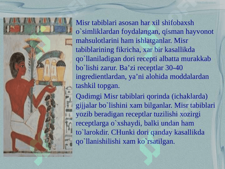 Qadimgi Sharq mamlakatlarida tibbiyotni rivоjlanishi. (O`rta Оsiyo, Хitоy, Hindistоn, Misr, Erоn va bоshqa mamlakatlar) 3
