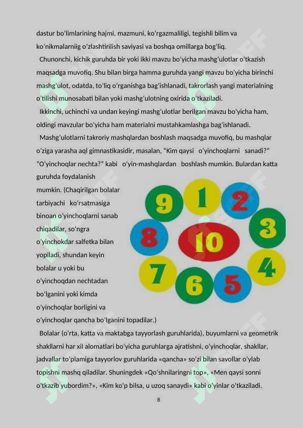 MAKTABGACHA YOSHDAGI BOLALARDA SON VA SANOQ HAQIDAGI TUSHUNCHA HOSIL QILISH VA O`RGATISH 8