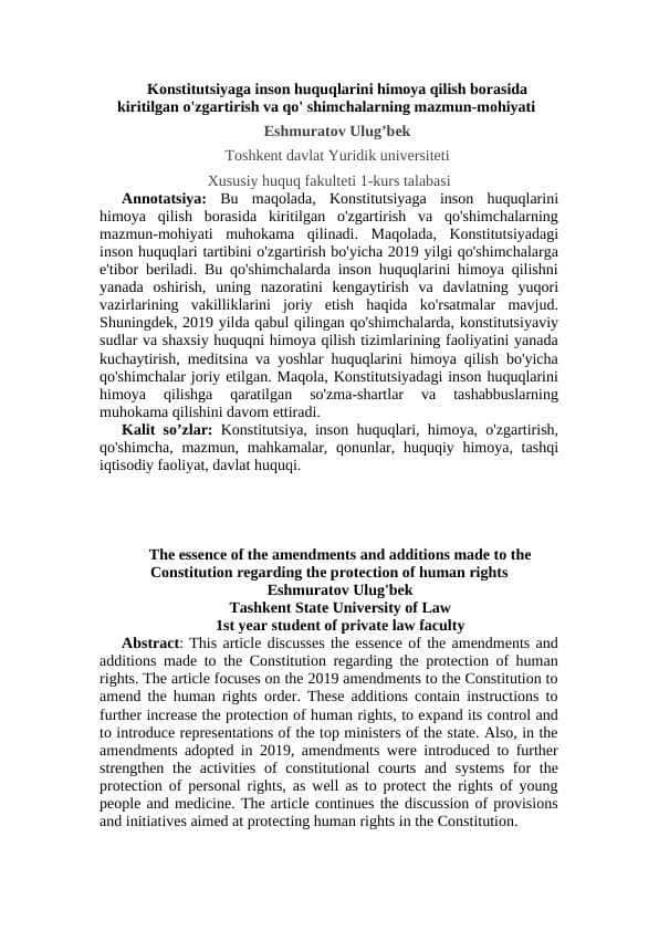 Konstitutsiyaga inson huquqlarini himoya qilish borasida kiritilgan o'zgartirish va qo' shimchalarning mazmun-mohiyati