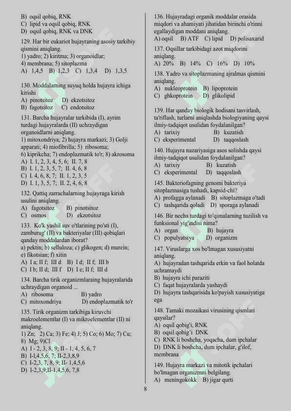 TEST 9-SINF BIOLOGIYA 8