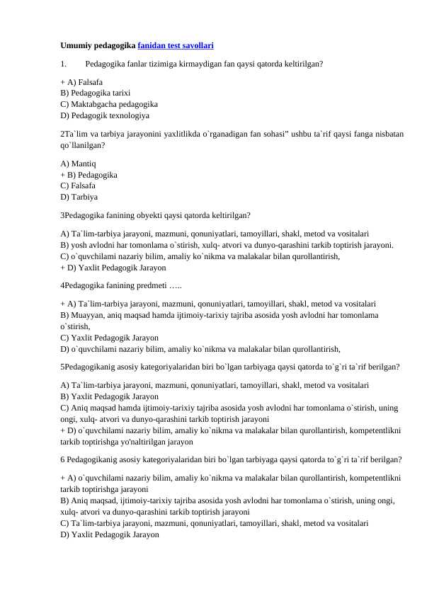 Umumiy pedagogika fanidan test savollari albatta javoblari bilan