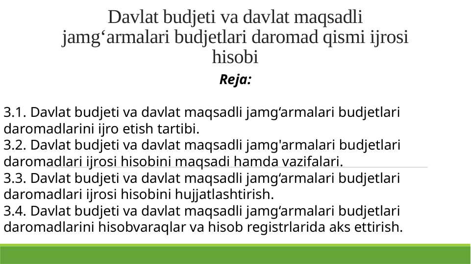 Davlat budjeti va davlat maqsadlijamg‘armalari budjetlari daromad qismi ijrosi hisobi