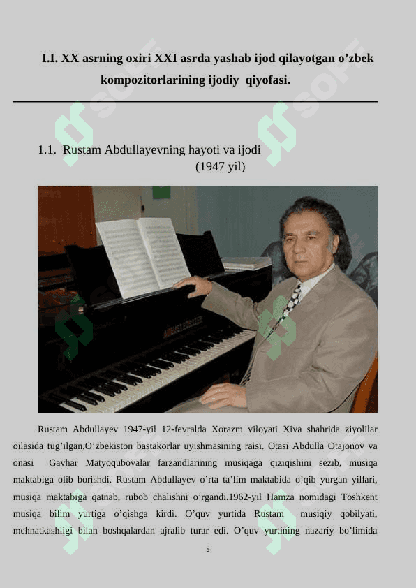 XX asrning oxiri XXI asrda yashab ijod qilayotgan o’zbek kompozitorlarining ijodiy  qiyofasi. 5