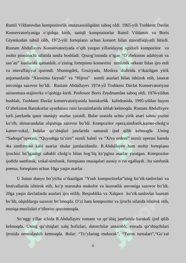XX asrning oxiri XXI asrda yashab ijod qilayotgan o’zbek kompozitorlarining ijodiy  qiyofasi. 6