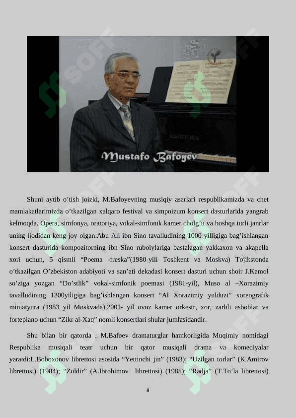 XX asrning oxiri XXI asrda yashab ijod qilayotgan o’zbek kompozitorlarining ijodiy  qiyofasi. 8