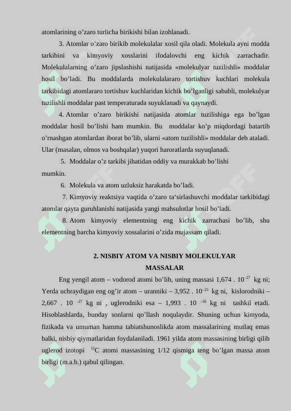 Atom massa. Molekulyar massa. Modda miqdori va allotropiya. 4