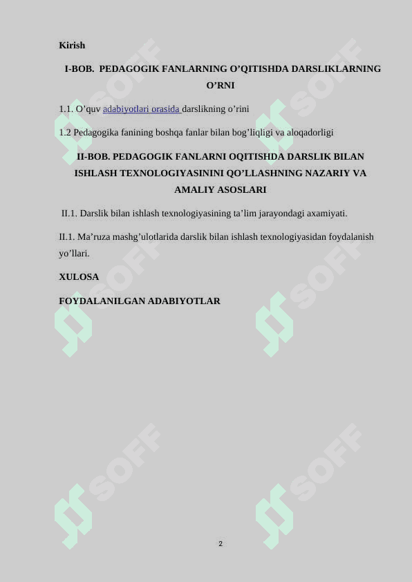 PEDAGOGIK FANLARNI O’QITISHDA DARSLIK BILAN ISHLASH TEXNOLOGIYASI kurs ishi 2