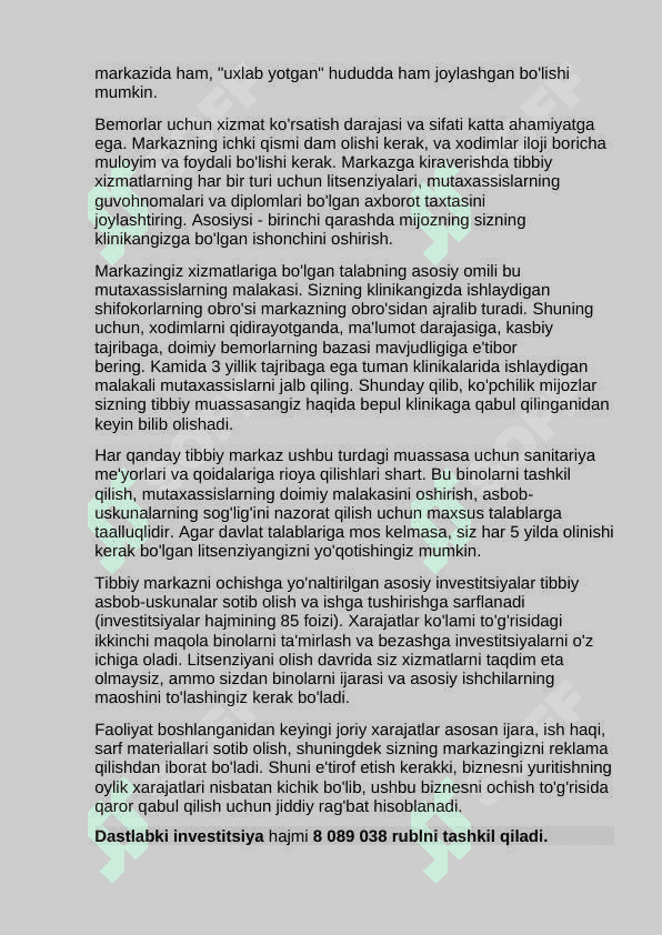 Tibbiy markaz biznes rejasi 2