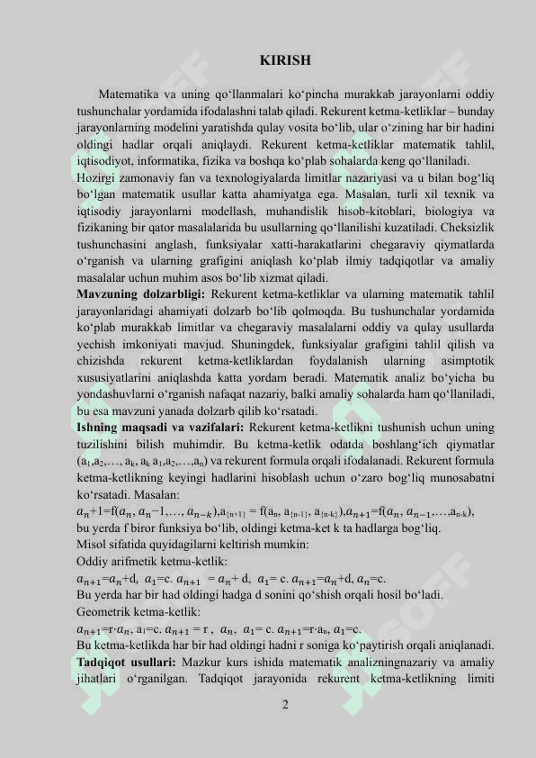 REKURENT KETMA-KETLIK VA UNING LIMITINI HISOBLASH. SHTOLS TEOREMASI VA UNDAN FOYDALANIB KETMA-KETLIK LIMITINI HISOBLASH 2