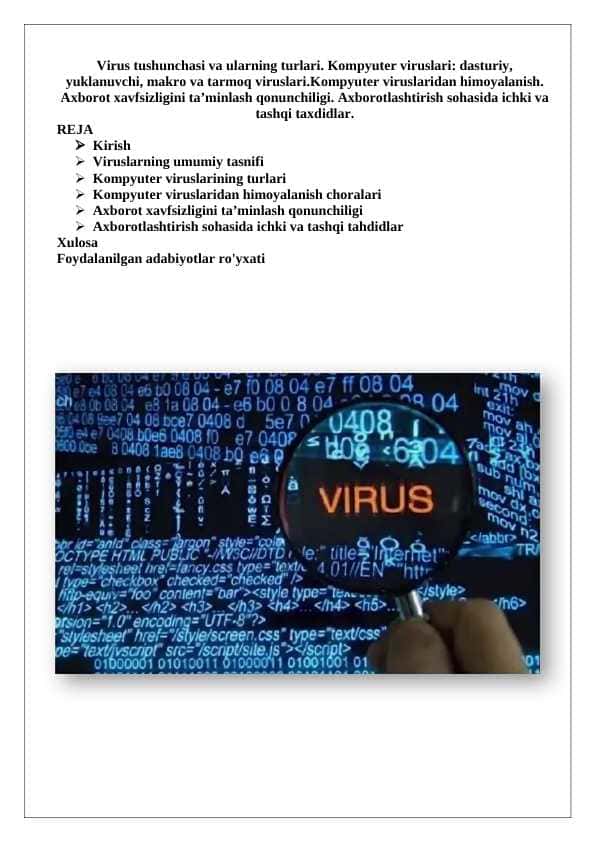 Virus tushunchasi va ularning turlari. Kompyuter viruslari  dasturiy, yuklanuvchi, makro va tarmoq viruslari 25