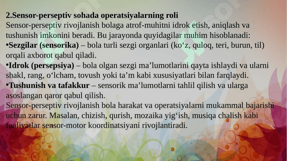 Bola rivojlanishida faoliyatning psixologik tuzilishi va opratsiyalarning rolli sensor-perseptiv sohada. Yil fasllari metodikasini o'tkazish (3 ta sinaluvchida) 4
