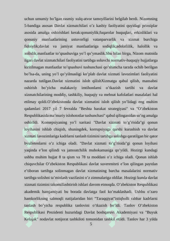 O’zbekistonda davlat hokimiyati va boshqaruvni demokratiyalashtirish jarayonlarining o’ziga xosligi 5