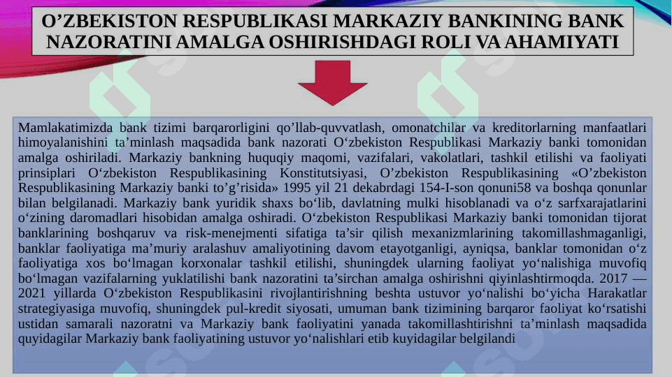 O’zbekiston Respublikasi Markaziy bankining bank nazoratini amalga oshirishdagi roli va ahamiyati 2