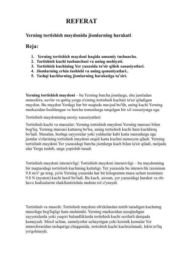 Yerning tortishish maydonida jismlarning harakati