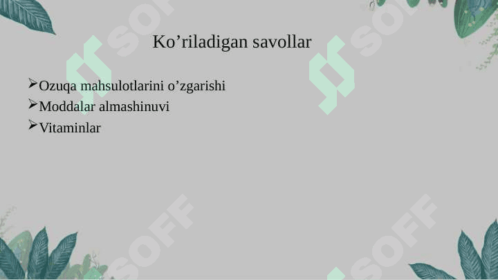 Moddalar almashinuviga kirish. Metabolizm to‘g‘risida tushuncha. Ovqatlanish biokimyosi 2