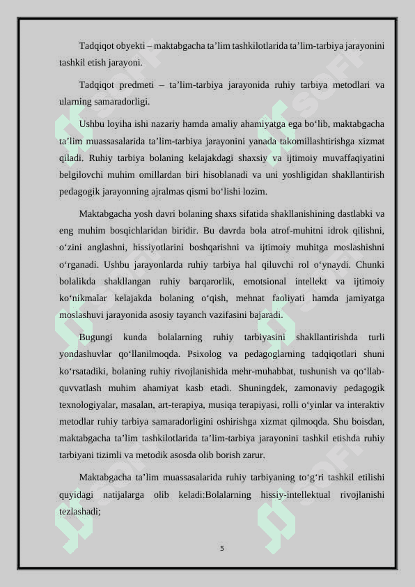 Maktabgacha ta'lim tashkilotlarida ta'lim-tarbiya jarayonini tashkil etishda ruxiy tarbiyaning o'rni 5