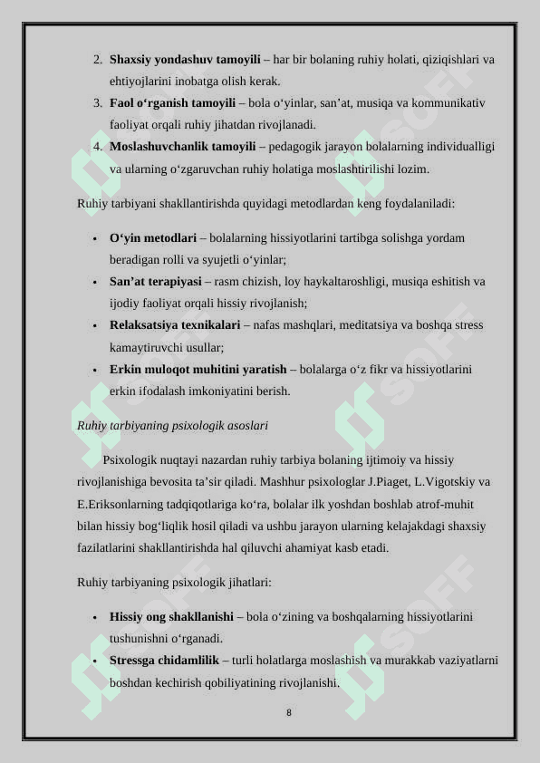 Maktabgacha ta'lim tashkilotlarida ta'lim-tarbiya jarayonini tashkil etishda ruxiy tarbiyaning o'rni 8