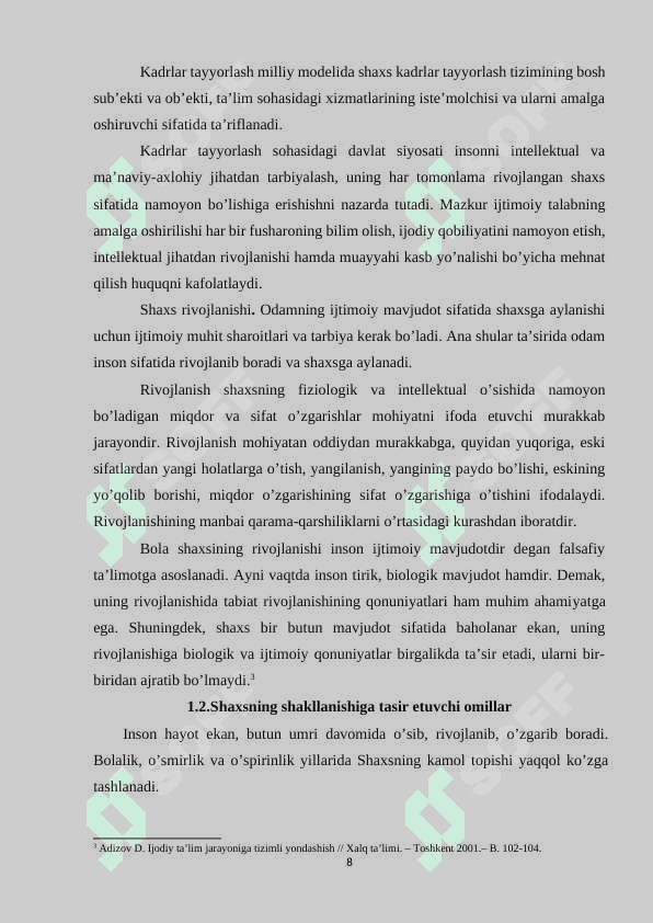 TARIX VA IJTIMOIY FANLARNI O’RGANISH JARAYONIDA SHAXSIY FAZILATLARNI RIVOJLANTRISH 8