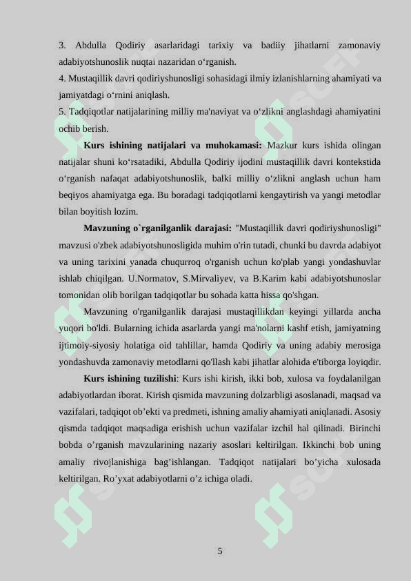 Kurs ishi: Mustaqillik davri qodiriyshunosligi (U.Normatov, S.Mirvaliyev, B.Karim) 5