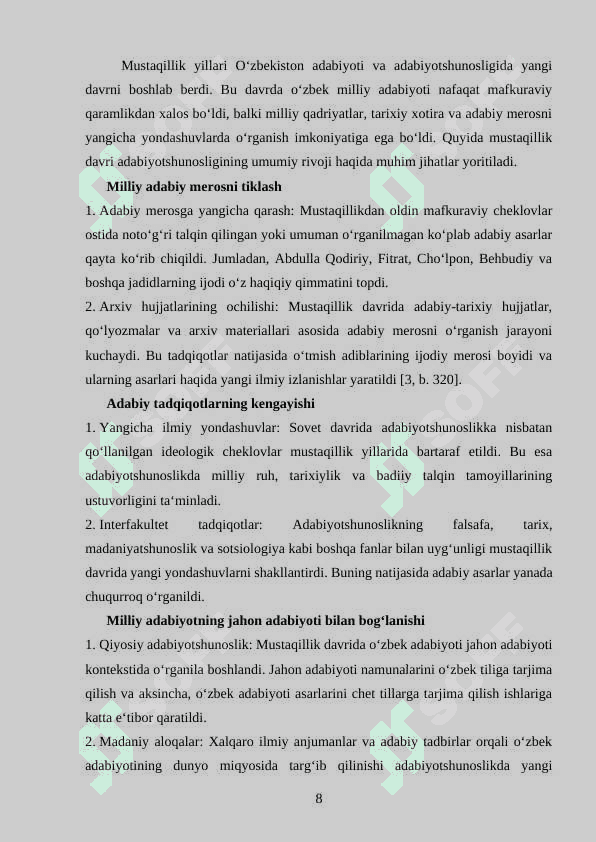 Kurs ishi: Mustaqillik davri qodiriyshunosligi (U.Normatov, S.Mirvaliyev, B.Karim) 8