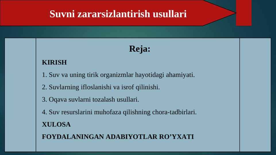 Suvni zararsizlantirish usullari