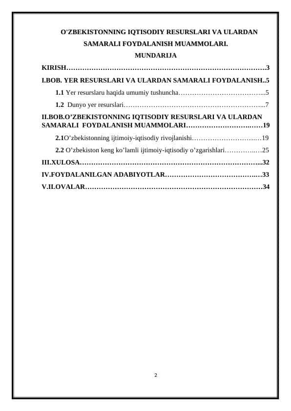 O'ZBEKISTONNING IQTISODIY RESURSLARI VA ULARDAN SAMARALI FOYDALANISH MUAMMOLARI