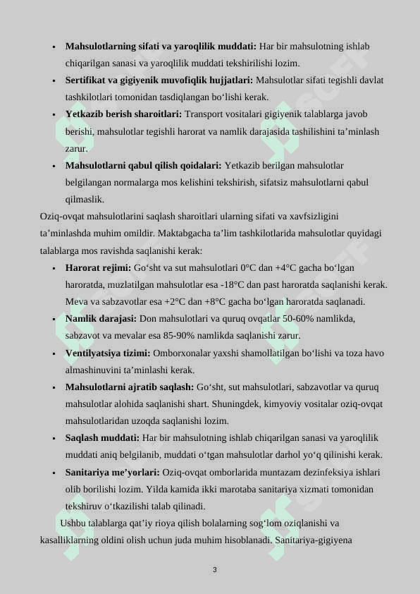 Oʻzbekistonda maktabgacha ta'lim tashkilotlarida oziq ovqat mahsulotlarini saqlash va ta'minlashning sanitariya gigiyena talablariga mosligi 3