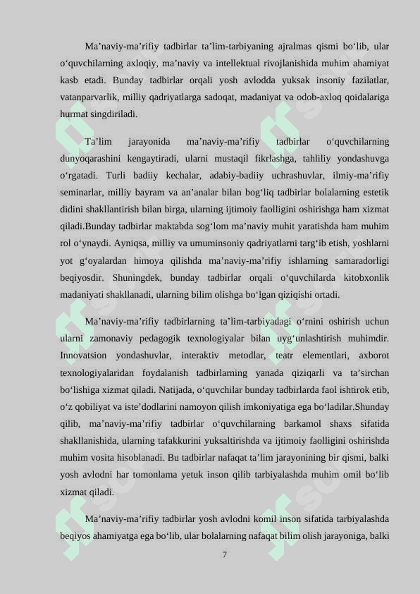 MA’NAVIY-MA’RIFIY TADBIRLAR VOSITASIDA O‘QUVCHI-YOSHLARNING IJTIMOIY FAOLLIGINI OSHIRISH TEXNOLOGIYASI 7
