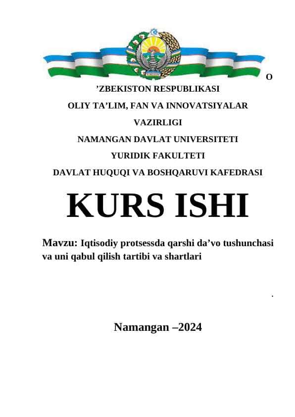 Iqtisodiy protsessda qarshi da’vo tushunchasi va uni qabul qilish tartibi va shartlari
