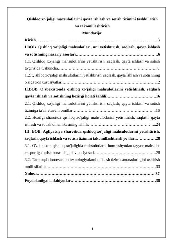 Qishloq xo'jaligi maxsulotlarini qayta ishlash va sotish tizimini tashkil etish va takomillashtirish